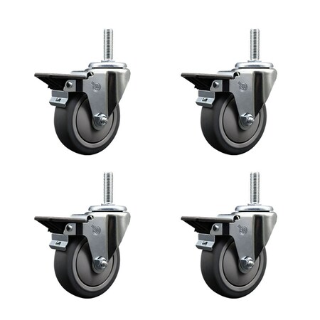 Service Caster 4 Inch Thermoplastic Rubber Wheel Swivel 34 Inch Threaded Stem Caster Set with Brake SCC SCC-TS20S414-TPRB-PLB-34212-4